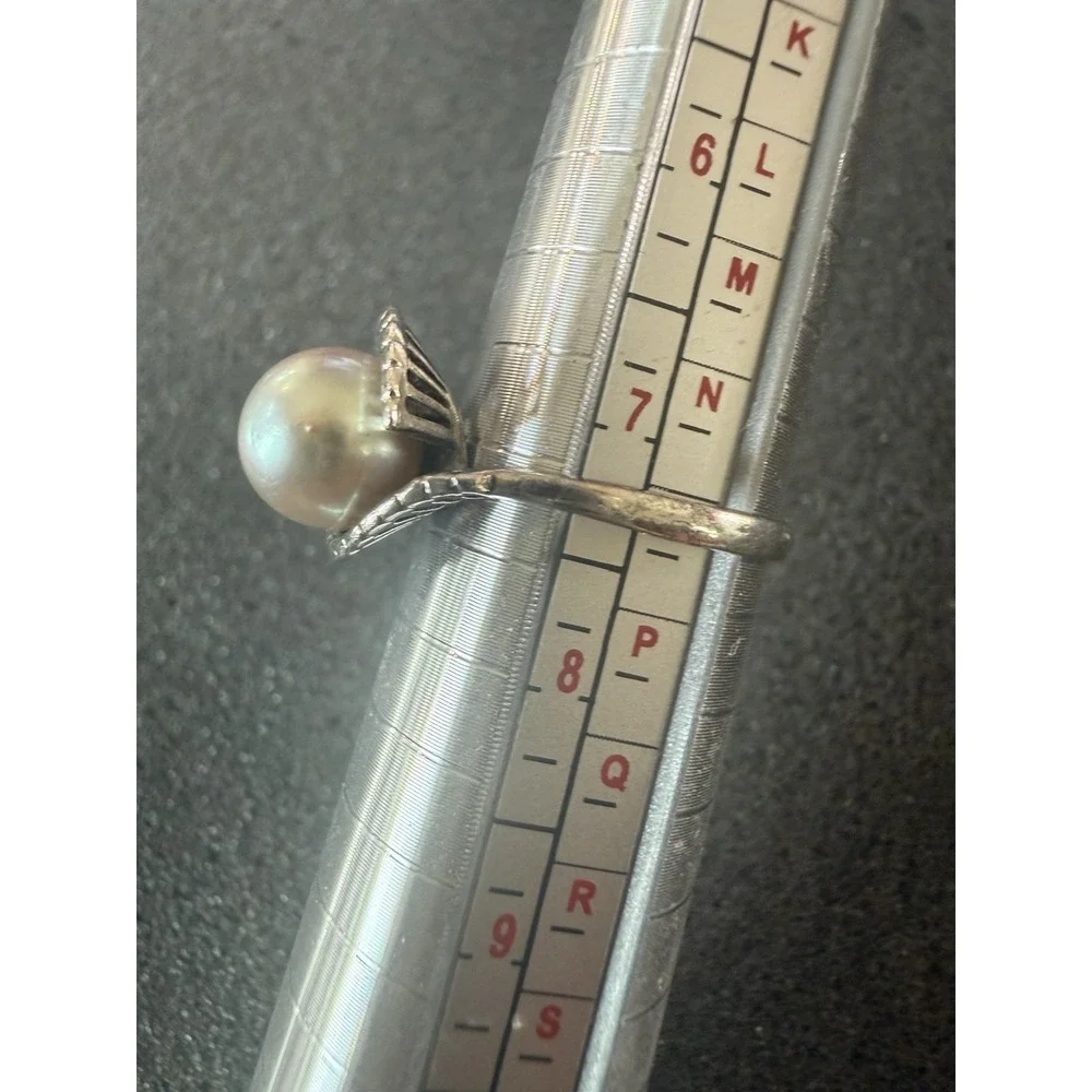 Vintage 925 Sterling Silver Clam Shell Pearl Ring Mid Century Fluted Bypass